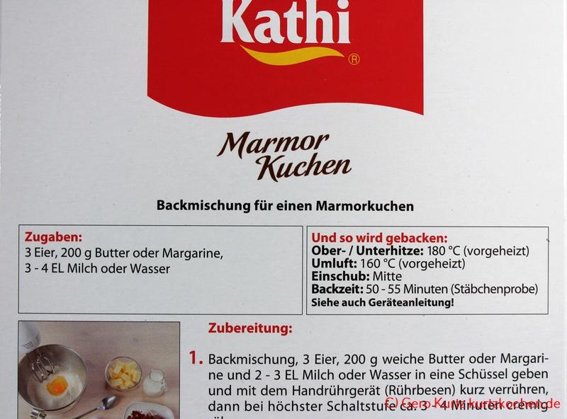 Backmischung Marmor Kuchen von Kathi - benötigte Zutaten und Backempfehlung